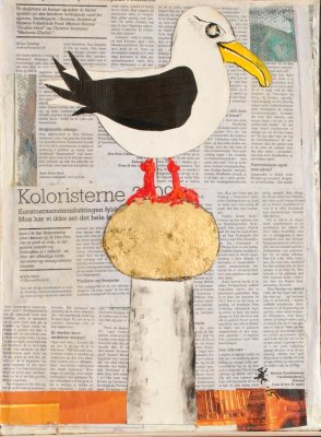Lene Kristensen - Måge kollage med bladguld - Seagull collage.jpg
